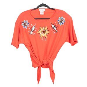 VTG Embroidered Shirt L 90s 80s Coral Tie Front Sun Fish Beads Sequin Boho Short